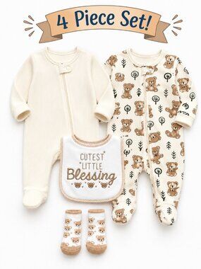 NWT Baby Essentials Baby Gift Set 2 Footed Sleepers Bib & Bear Socks Neutral